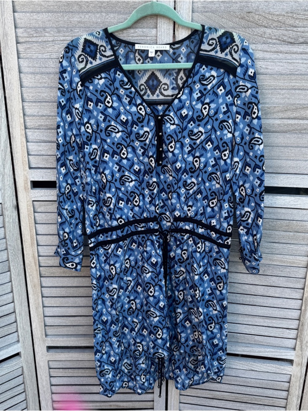 Veronica Beard 100% Silk Paisley Ikat Mini Dress Sz 2 Blue Black Boho Luxe